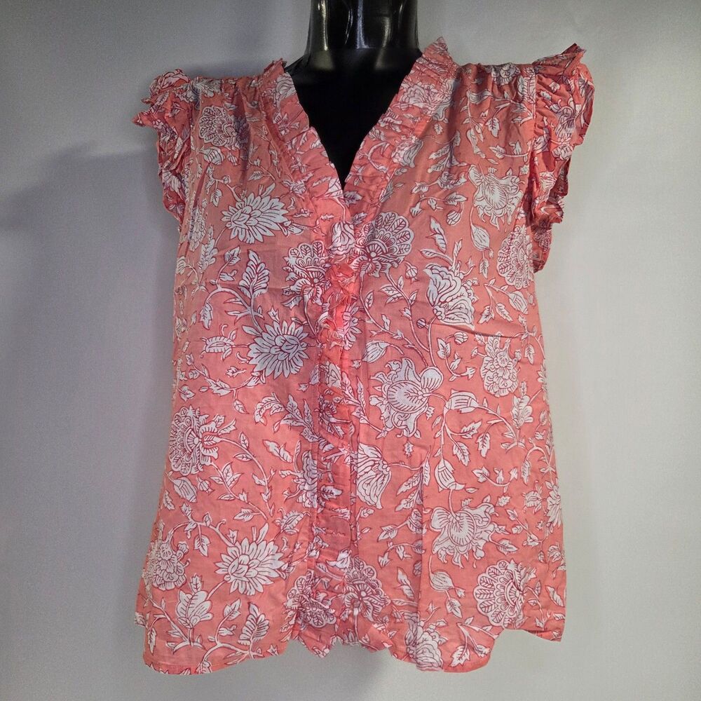 J.Crew Women's Pink Floral Print V-Neck Ruffle Sleeve Blouse Cotton Top 2X Plus